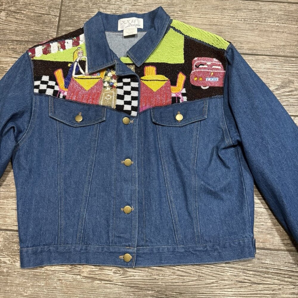 Vintage 80’s Embellished Sequins Women’s Denim Jacket Size Large Cafe Scene Rare